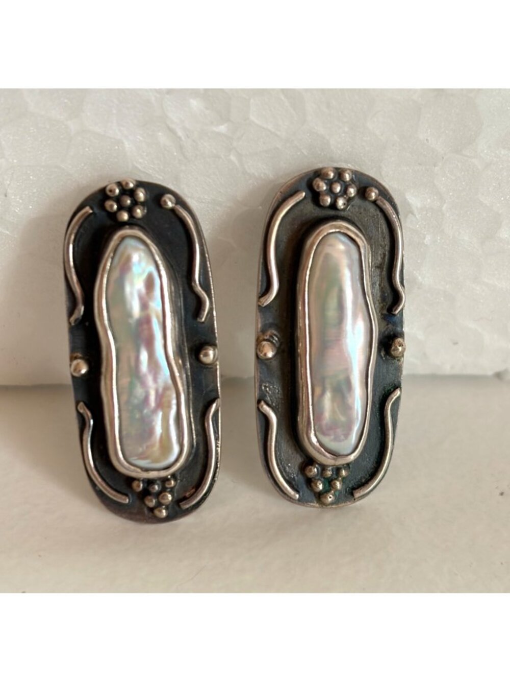 Vintage Sterling Silver Biwa Pearl Earrings Handmade Signed Elongated Boho Artsy